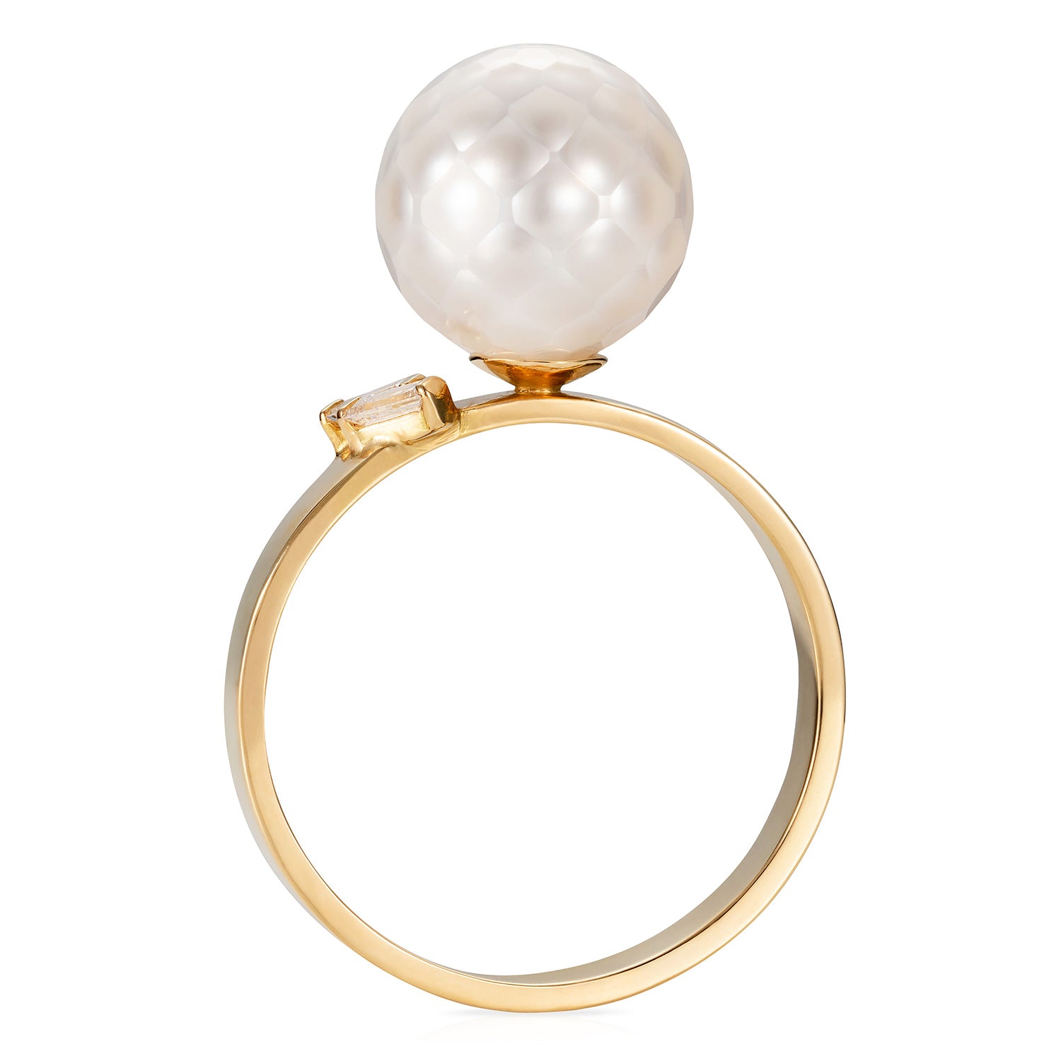 Side view of Sweet Pea 18ct yellow gold polished band ring with white faceted pearl and 2 diamond baguettes