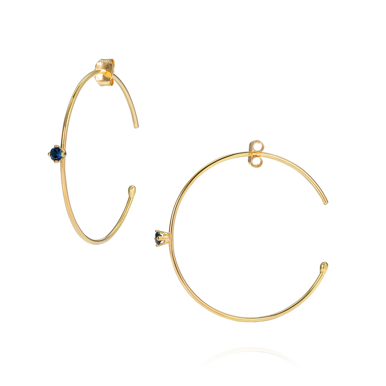 18ct yellow gold hoops with blue Sapphire set collet