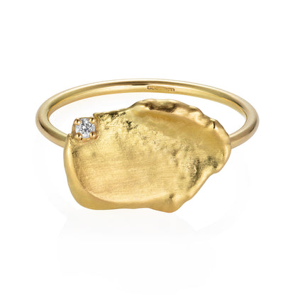 Sweet Pea Moonscape 18ct recycled yellow gold large nugget ring set with a white diamond. 