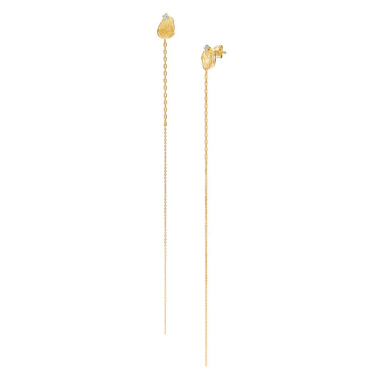 Sweet Pea Moonscape recycled 18ct yellow gold nugget stud earring set with white diamonds and long hanging chains.