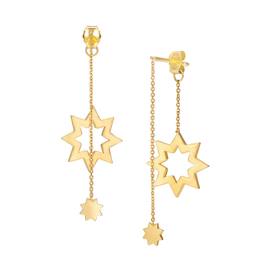 Sweet Pea 18ct yellow gold Reach For The Stars front and back earring. Star and chain hanging earring.