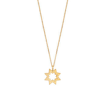 close up of Sweet Pea 18ct yellow gold Reach For The Stars long necklace. Star and chain long necklace.