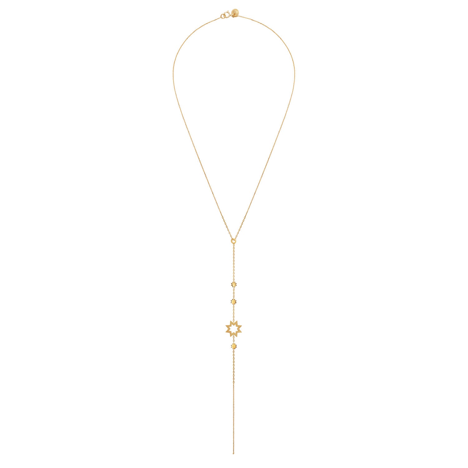 Sweet Pea 18ct yellow gold Reach For The Stars lariat style necklace. Star and chain Y shaped necklace.