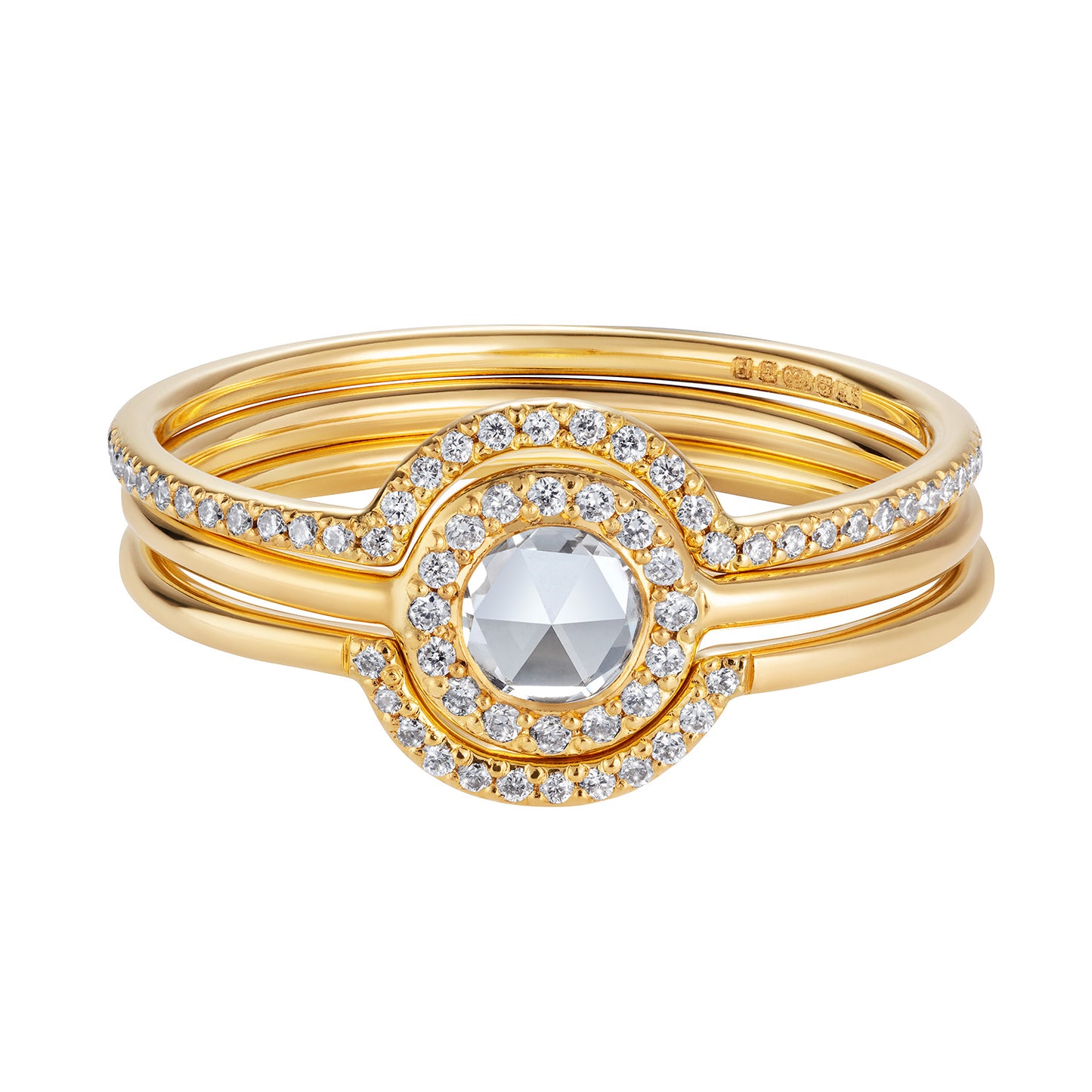 Sweet Pea 18ct yellow gold diamond set horseshoe wedding stacking ring stacked with a rose cut diamond halo engagement ring and a fully set diamond horseshoe ring