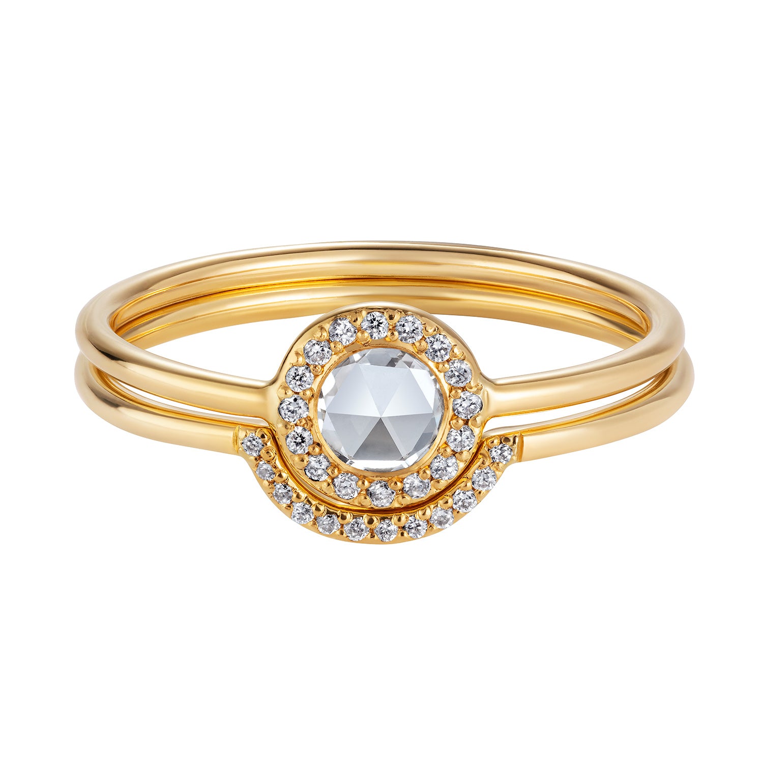 Sweet Pea 18ct yellow gold diamond set horseshoe wedding stacking ring stacked with a rose cut diamond halo engagement ring.