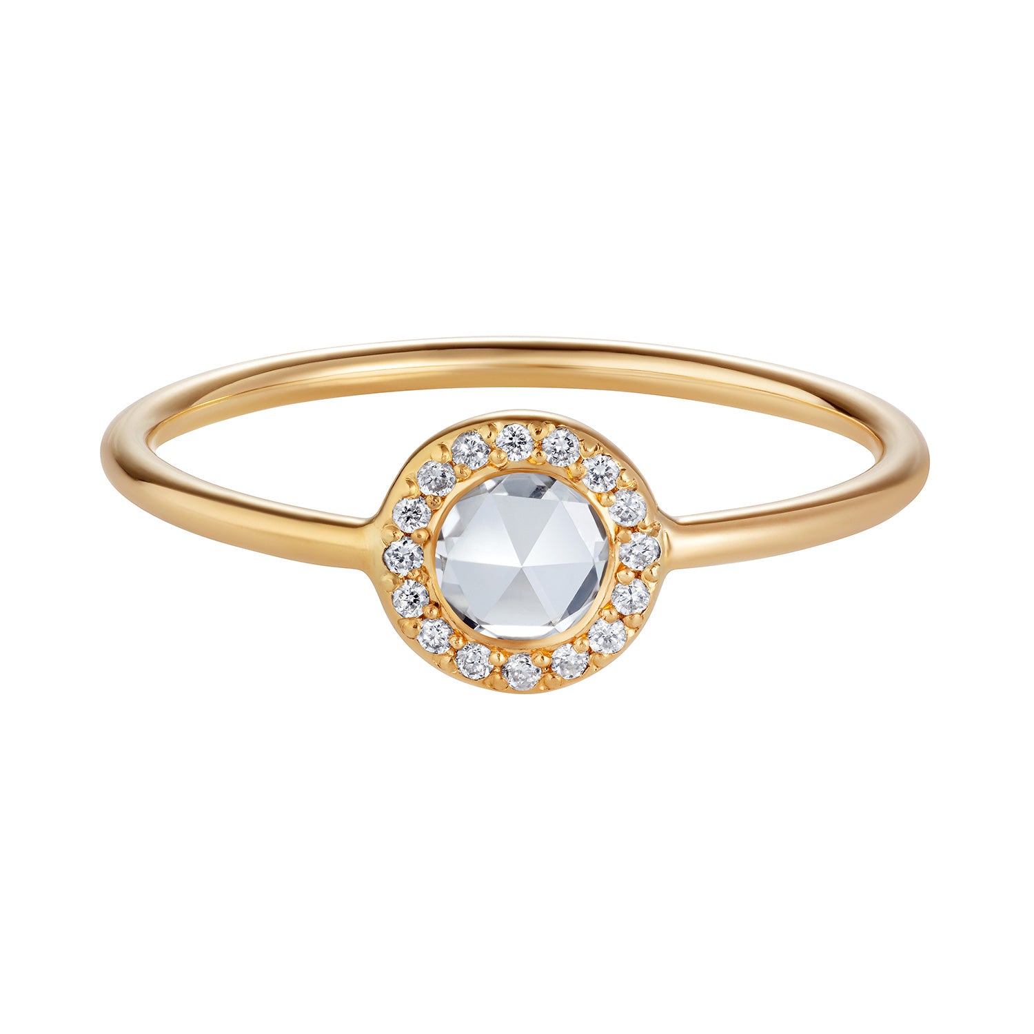 Sweet Pea 18ct yellow gold diamond rose cut halo engagement ring.