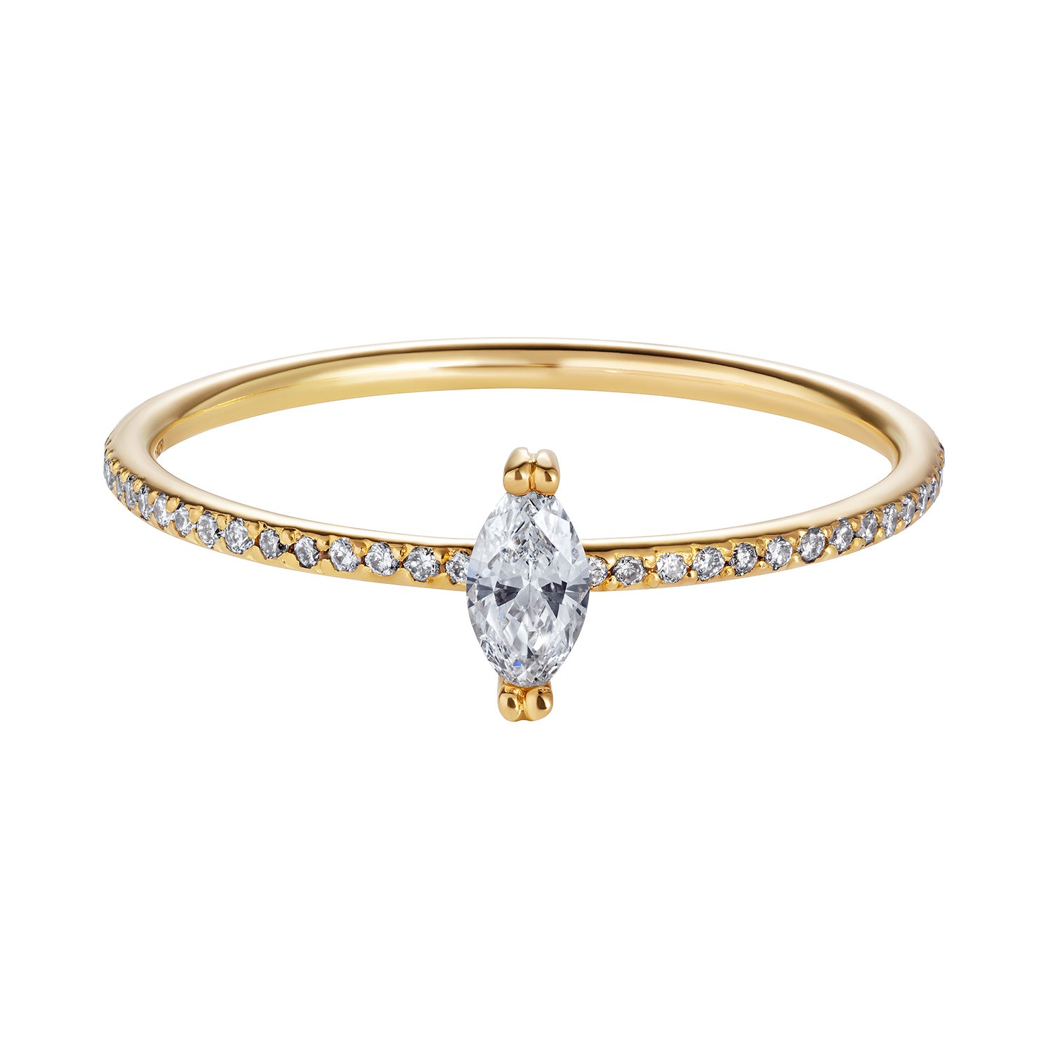 Sweet Pea 18ct yellow gold marquise diamond engagement ring with a full set diamond eternity band.  