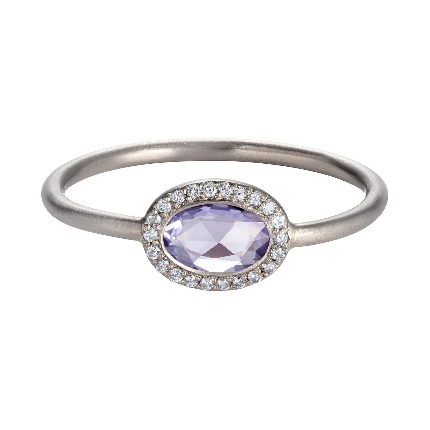 Sweet Pea 18ct white gold satin finish engagement ring set with oval lilac rose cut sapphire and white diamond halo surround.