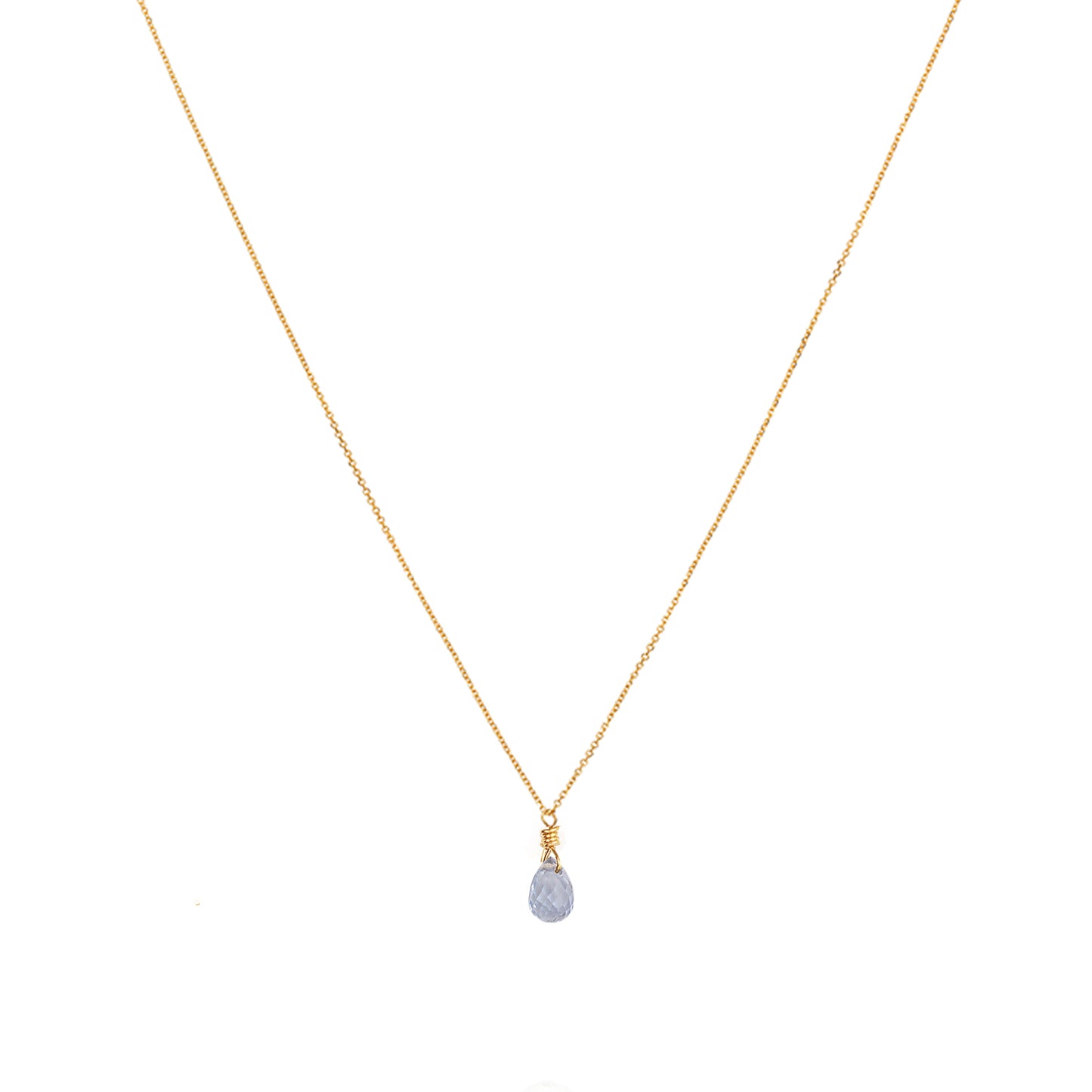 18ct yellow gold chain necklace with cornflower blue sapphire briolette drop