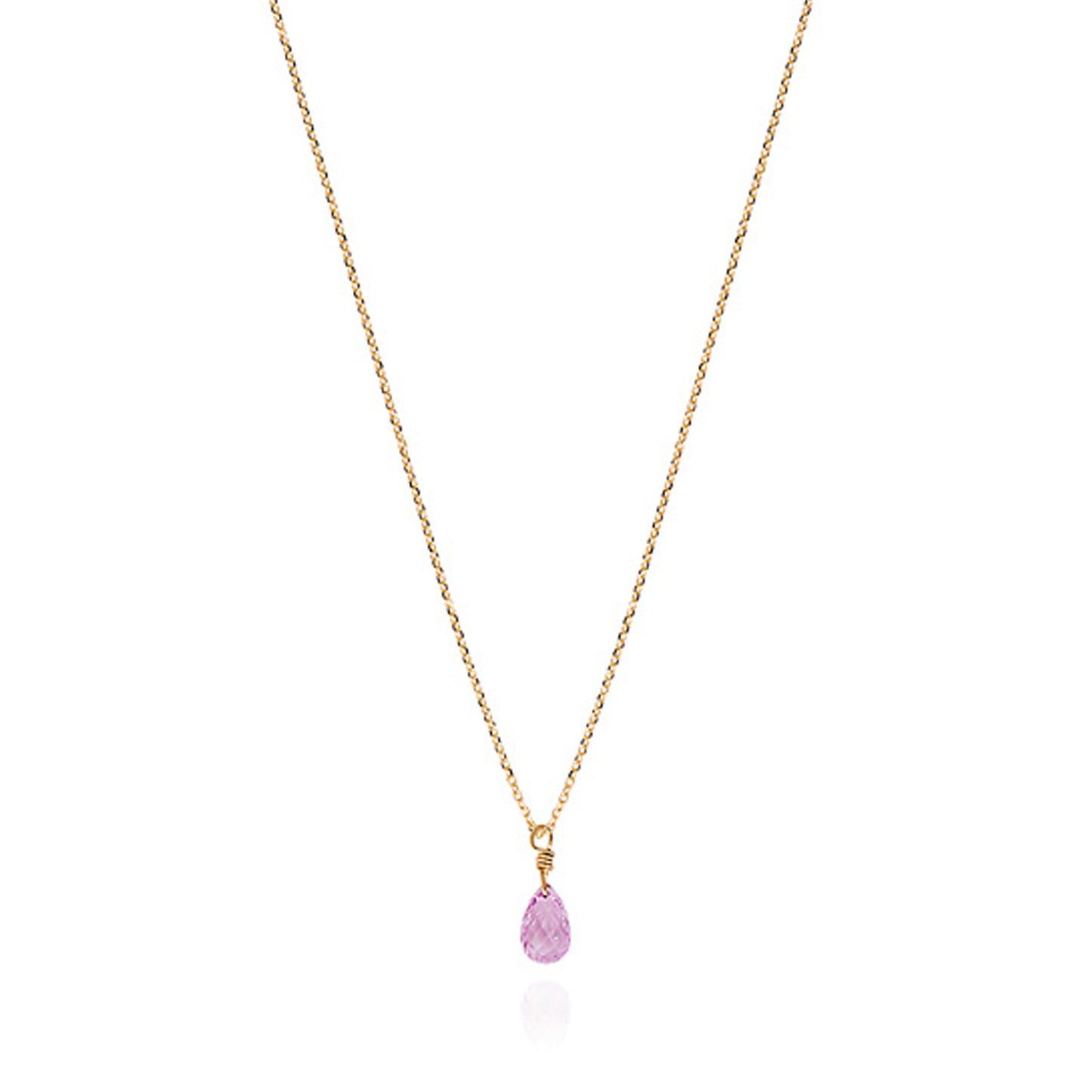 Close up of Sweet Pea 18ct yellow gold chain with pink sapphire briolette drop pendant. 20% of sale going to Breast Cancer Support
