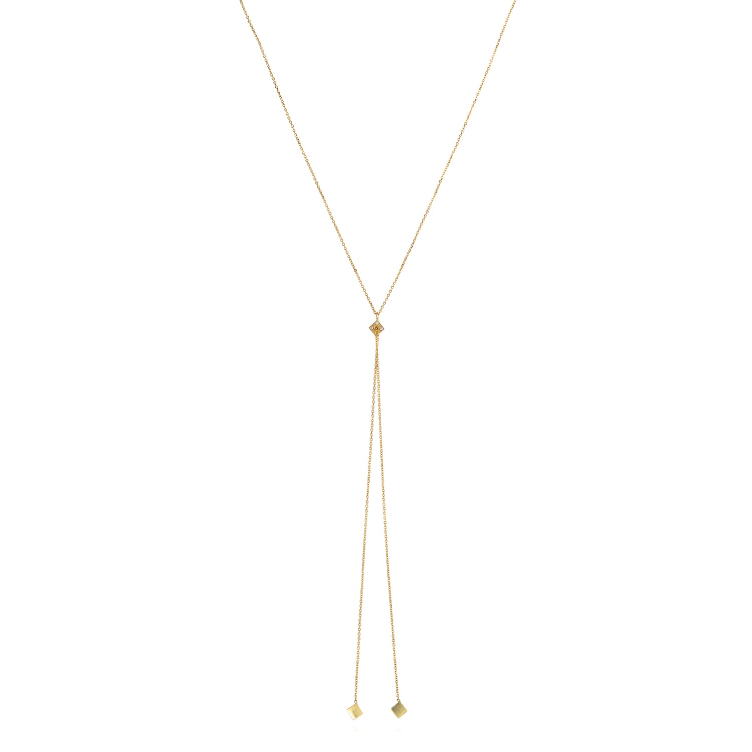 18ct yellow gold necklace with diamond pave set square pendant, through which a threaded golden tail sits with hanging square gold ends. The collection was inspired by favourite family games and the serendipitous charm of the dice.