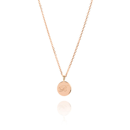 Laura Lee 9ct rose gold disc necklace with engraved script initial.