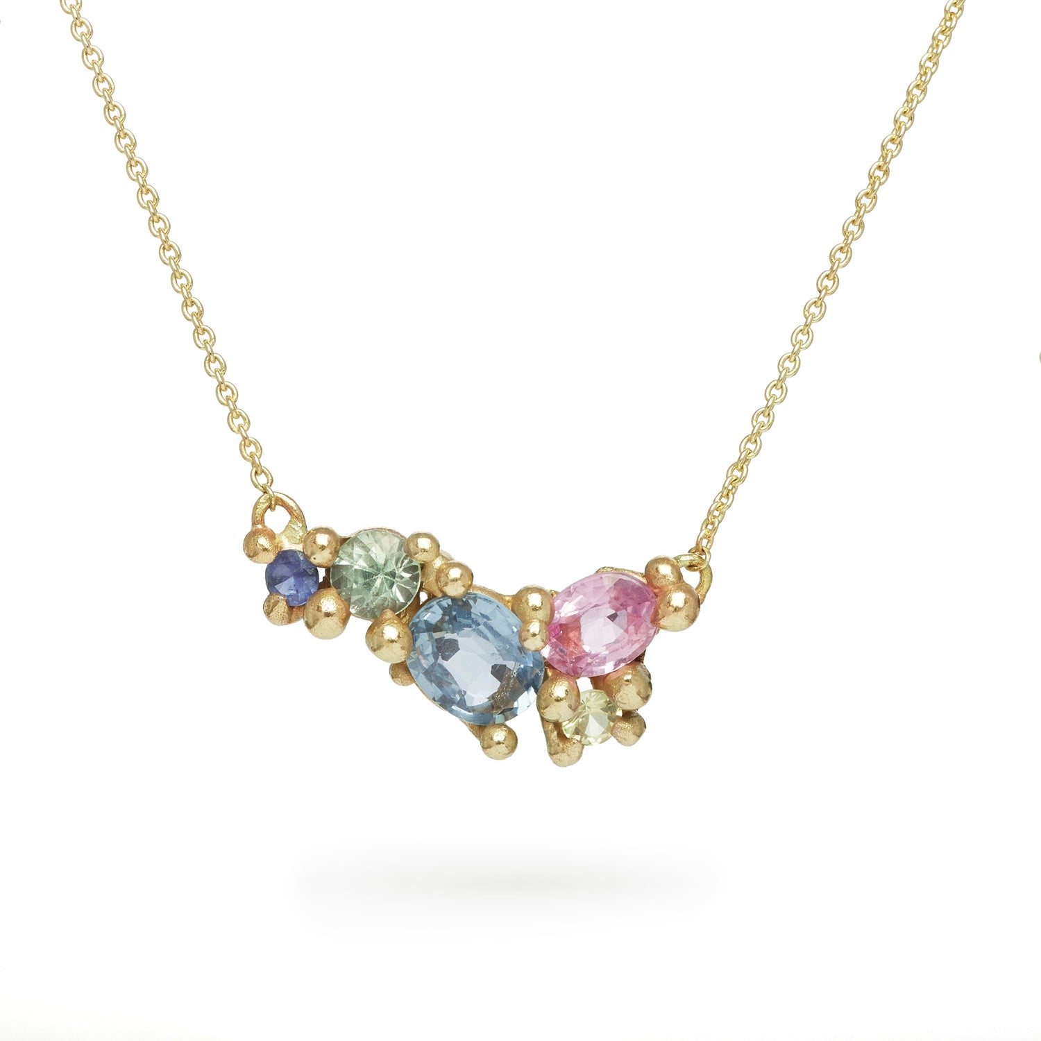 14ct yellow gold Ruth Tomlinson mixed pastel sapphire chain necklace with beaded granulation surround 