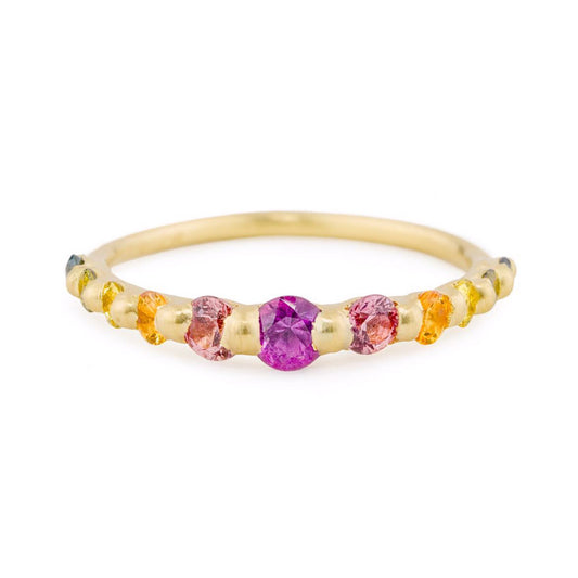 Polly Wales 18ct yellow gold Iris Halo Ring with round rose cut ombre rainbow sapphires. Alternative engagement ring. Size L ring.
