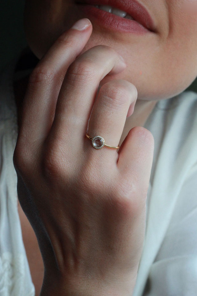 Sweet Pea 18ct yellow gold ring with pink round, rose cute sapphire with a diamonds halo on model. 20% of sale going to Breast Cancer Support in October 2021.