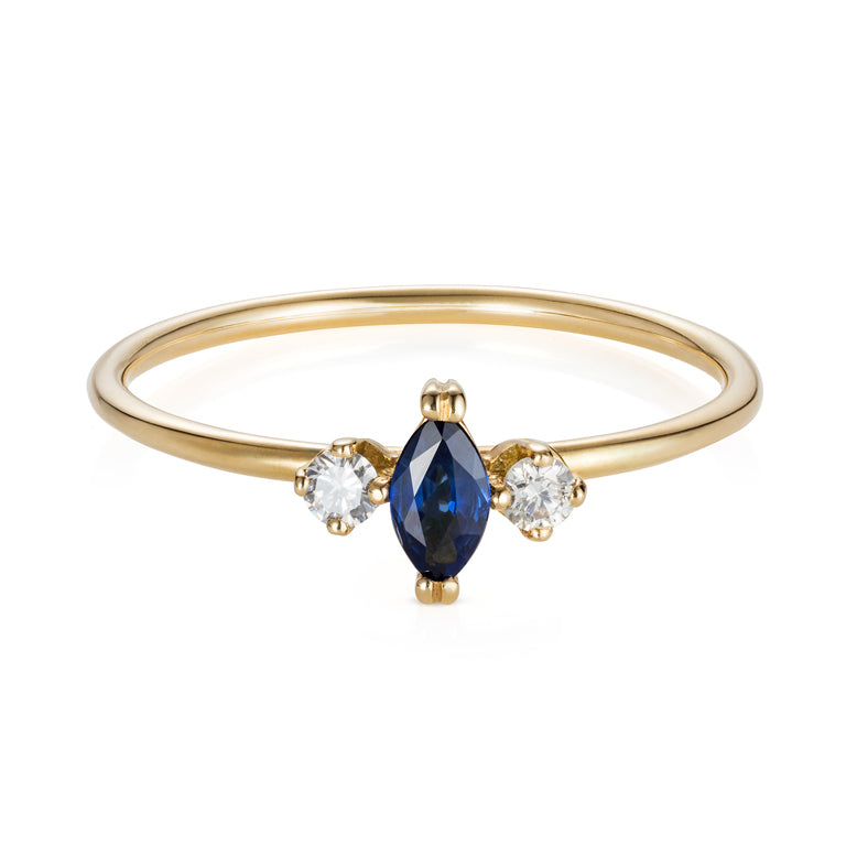 Sweet Pea 18ct yellow gold 3 stone diamond engagement ring with marquise blue sapphire and round brilliant cut diamonds either side.