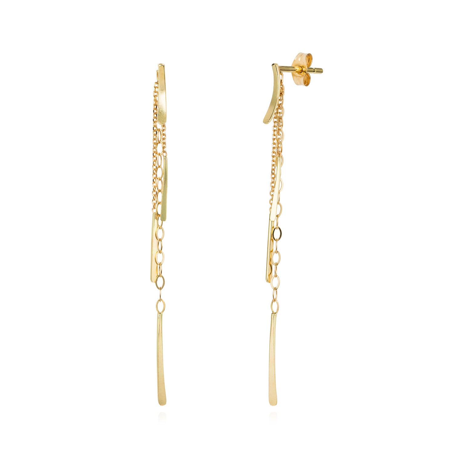 18ct yellow gold stud earring with hanging chains and bars