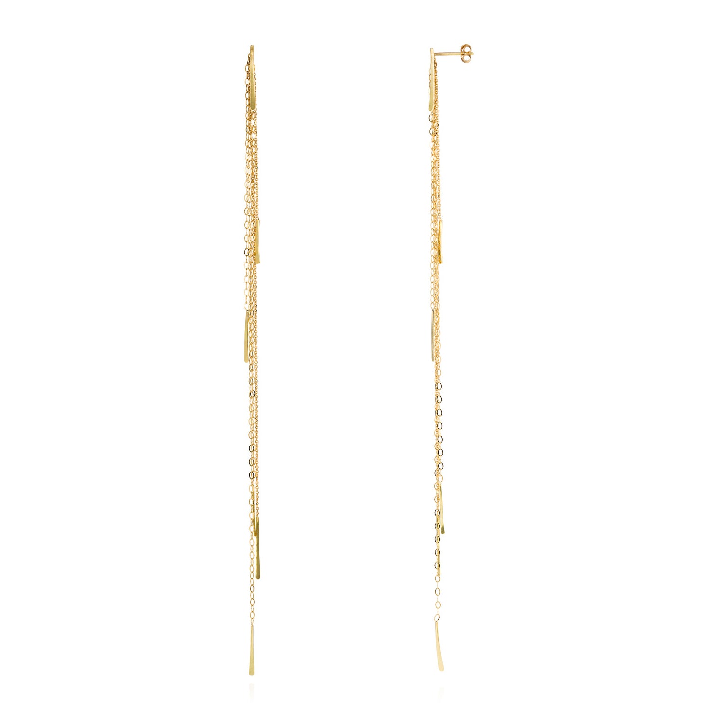 18ct yellow gold long chain studs with bar drops