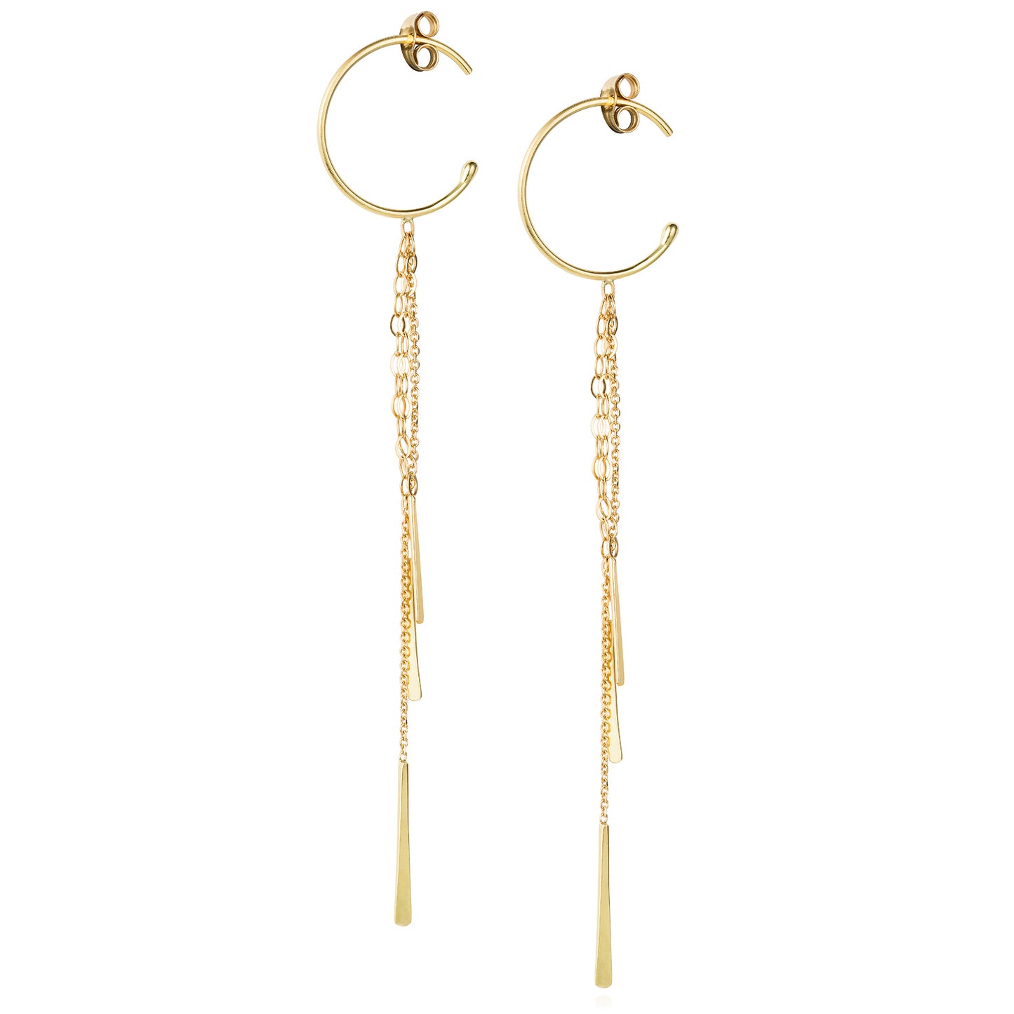  18ct yellow gold small hoop earrings with hanging chains and bars