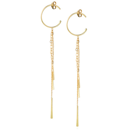  18ct yellow gold small hoop earrings with hanging chains and bars