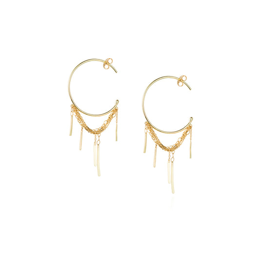 18ct gold medium hoop earring with a looped layered chain and hanging 5 bars