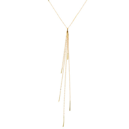 18ct gold fine chain necklace with long layered chain and hanging bar tassle