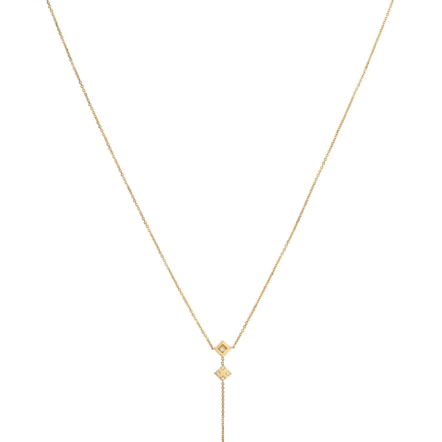 18ct yellow gold necklace with double Diamond pave set squares. The collection was inspired by favourite family games and the serendipitous charm of the dice.
